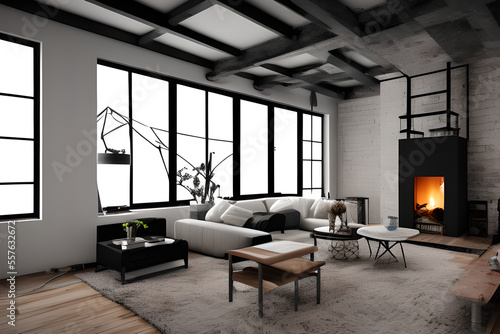 Dark living room loft with fireplace  industrial style   hyper realistic  intricate detail 4k render Generative ai