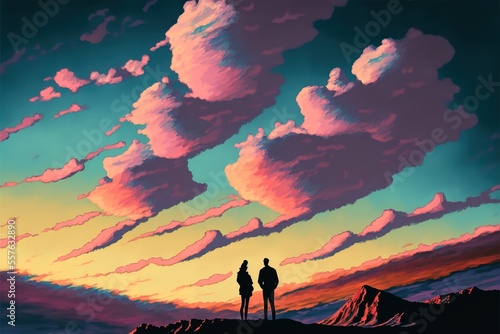 A man and a woman stand against the background of a colorful sunset