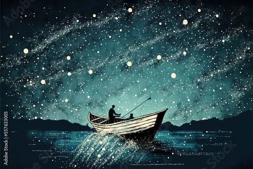 A man is sailing on a boat under a beautiful night sky © Анастасия Птицова