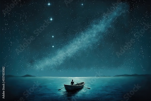 A man is sailing on a boat under a beautiful night sky