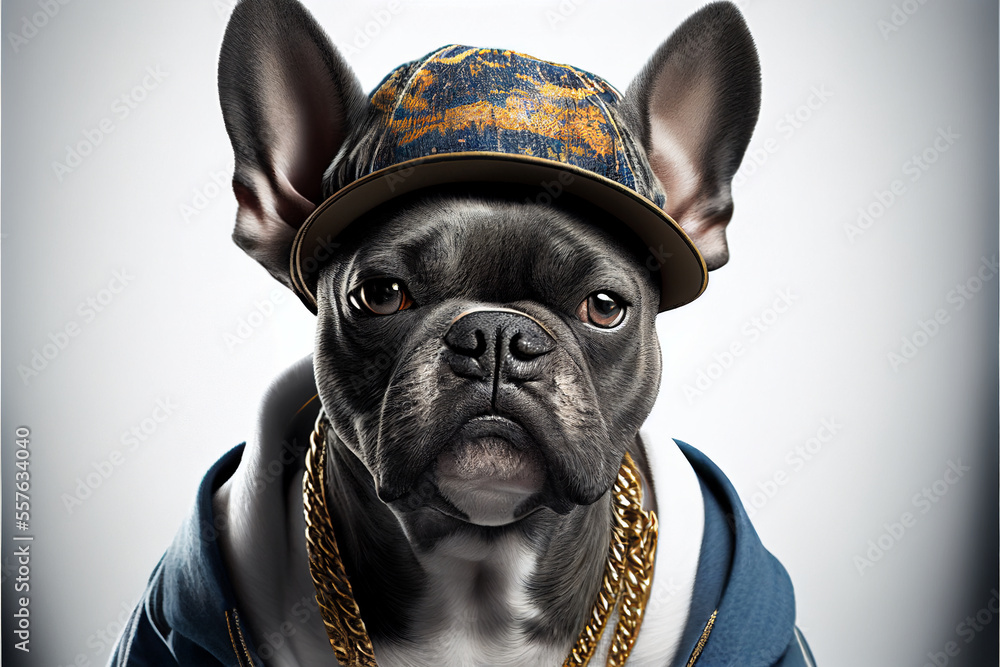 French bulldog dressed as a rapper. Made with Generative AI Technology