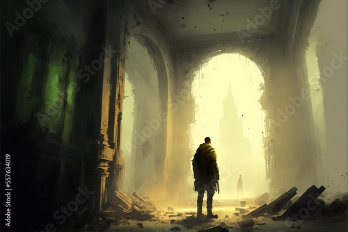 A man stands in a ruined city  futuristic illustration