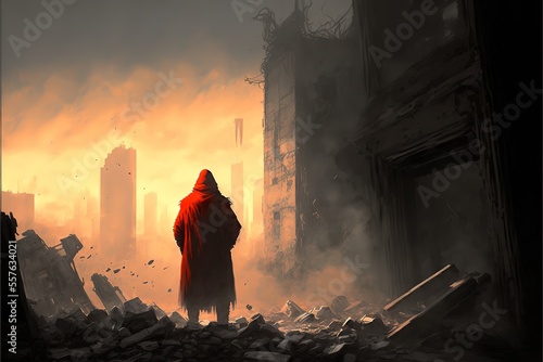 A man stands in a ruined city, futuristic illustration