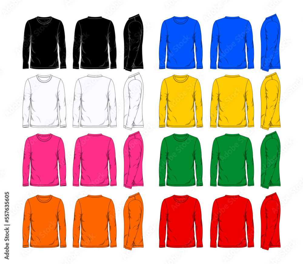 Eight colors long sleeve t shirt design template front side and back view