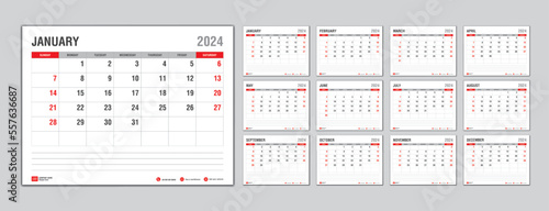 Monthly calendar template for 2024 year, Week Starts on sunday, Planner 2024 year, Wall calendar in a minimalist style, desk calendar 2024 template, New Year Calendar Design, Business template Vector