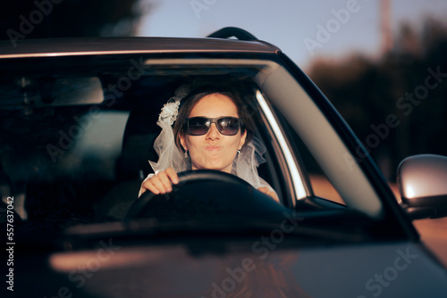 Funny Bride Wearing Sunglasses Being Stuck in Traffic. Concerned woman rushing to her wedding being late
