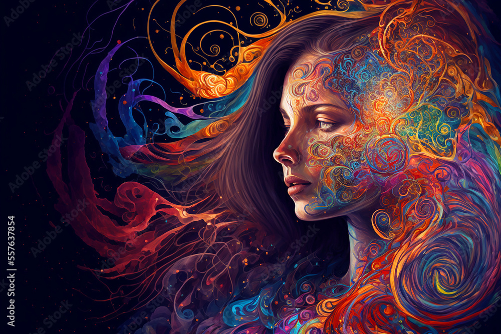 woman surrounded by swirls of color. Generative AI woman surrounded by swirls of color. Generative AI