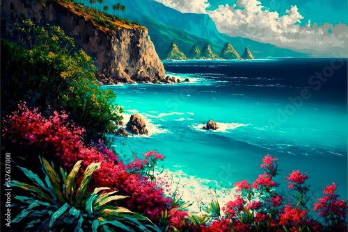 Summer beach tropical Hawaiian paradise with colorful flora. Gorgeous landscape digital oil painting with bright sky, various flowers in full bloom, mountains, rocks and crystal blue ocean water.