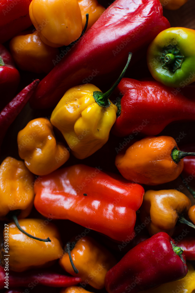 Yellow, red and orange peppers with stem on a marble board, fresh pepper, yellow pepper, Nigerian scotch bonnet pepper