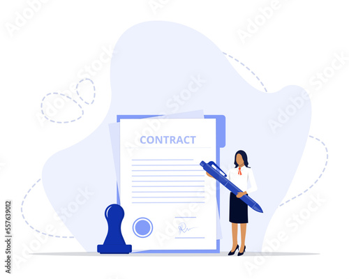 Signing a contract concept illustration. Hand signed document. Signing the contract. Agreement with signature and stamp. 