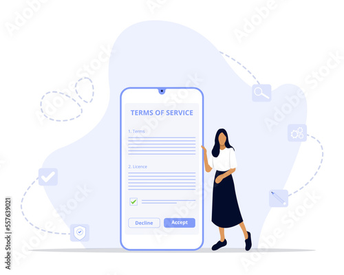 Terms and conditions banner. Business documents for law compliance, agreements and contracts. 
Vector landing page of rules and terms of service 