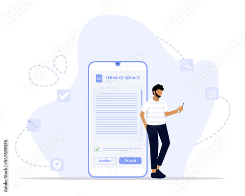 Terms and conditions banner. Business documents for law compliance, agreements and contracts. 
Vector landing page of rules and terms of service 