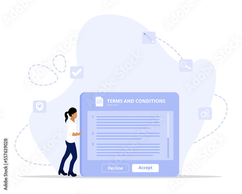 Terms and conditions banner. Business documents for law compliance, agreements and contracts. 
Vector landing page of rules and terms of service 
