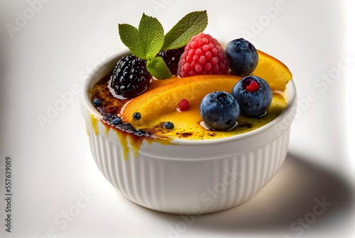 Elegant Crème Brûlée with a classic custard base and a colorful fruit topping photo