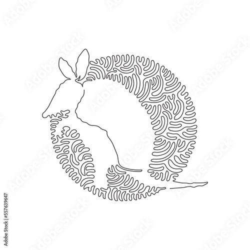 Continuous one curve line drawing of funny armadillo abstract art in circle. Single line editable stroke vector illustration of little armored one for logo, wall decor and poster print decoration