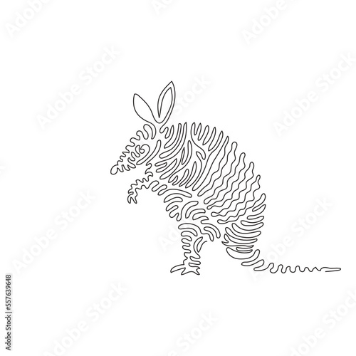 Single swirl continuous line drawing of cute armadillo abstract art. Continuous line draw graphic design vector illustration style of unique armor-like shell for an icon, sign, modern wall decor