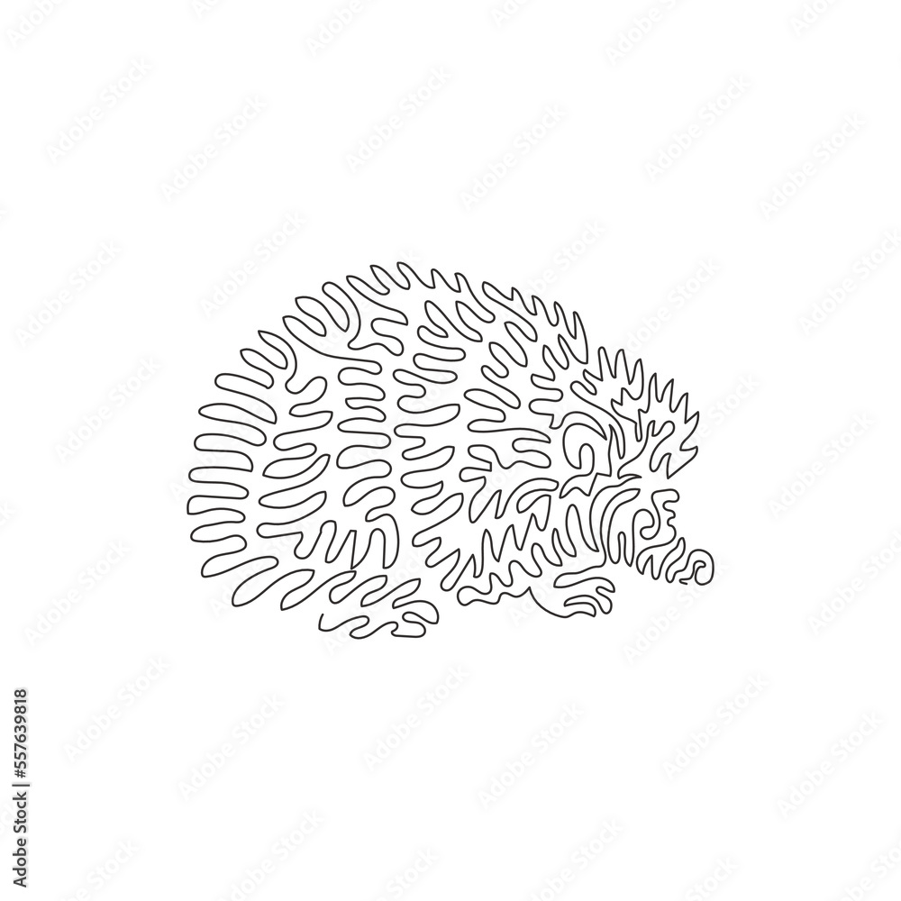 Single curly one line drawing of cute hedgehog abstract art. Continuous line draw graphic design vector illustration of cute small mammals for icon, symbol, company logo, poster wall decor Single curly one line drawing of cute hedgehog abstract art. Continuous line draw graphic design vector illustration of cute small mammals for icon, symbol, company logo, poster wall decor