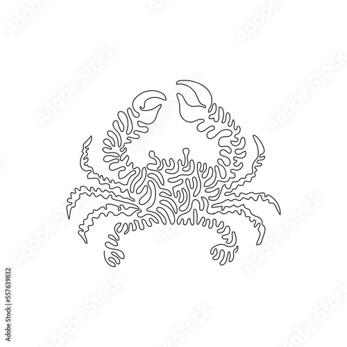 Single one curly line drawing of adorable crab abstract art. Continuous line draw graphic design vector illustration of funny  animal for icon, symbol, company logo, and poster wall decor