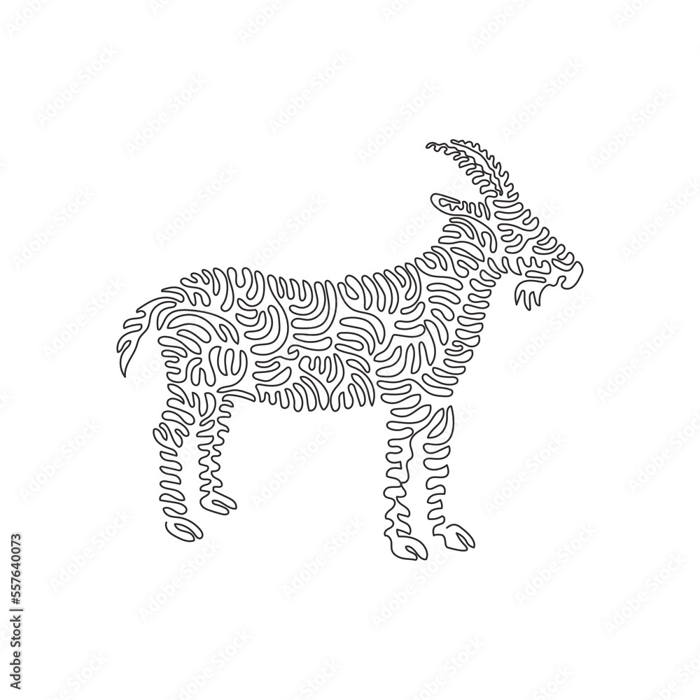 Continuous one curve line drawing of funny goat abstract art in circle. Single line editable stroke vector illustration of friendly domestic animal for logo, wall decor and poster print decoration Continuous one curve line drawing of funny goat abstract art in circle. Single line editable stroke vector illustration of friendly domestic animal for logo, wall decor and poster print decoration