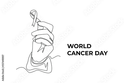 Continuous one line drawing hands holding ribbon for supporting people living and illness. World cancer day concept. Single line draw design vector graphic illustration.