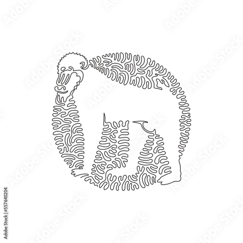 Continuous one curve line drawing of funny mandrill abstract art in circle. Single line editable stroke vector illustration of exotic colorful face for logo, wall decor and poster print decoration