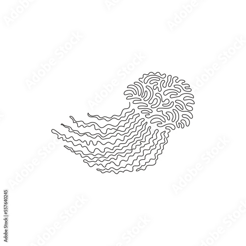 Single one curly line drawing of jellyfish with tentacles abstract art. Continuous line draw graphic design vector illustration of adorable jellyfish for icon, symbol, company logo, and pet lover club
