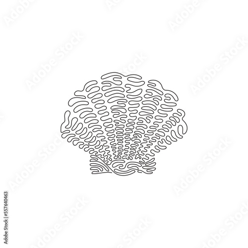 Single curly one line drawing of cute sea shell abstract art. Continuous line draw graphic design vector illustration of beautiful marine creature for icon, symbol, company logo, poster wall decor