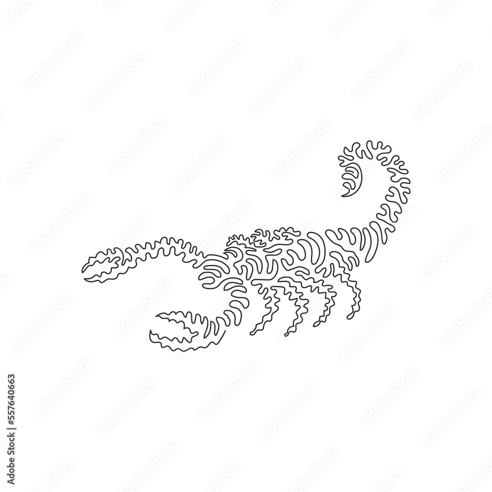 Continuous one curve line drawing of scorpion with two pincers  abstract art. Single line editable stroke vector illustration of wild scorpion for logo, wall decor and poster print decoration