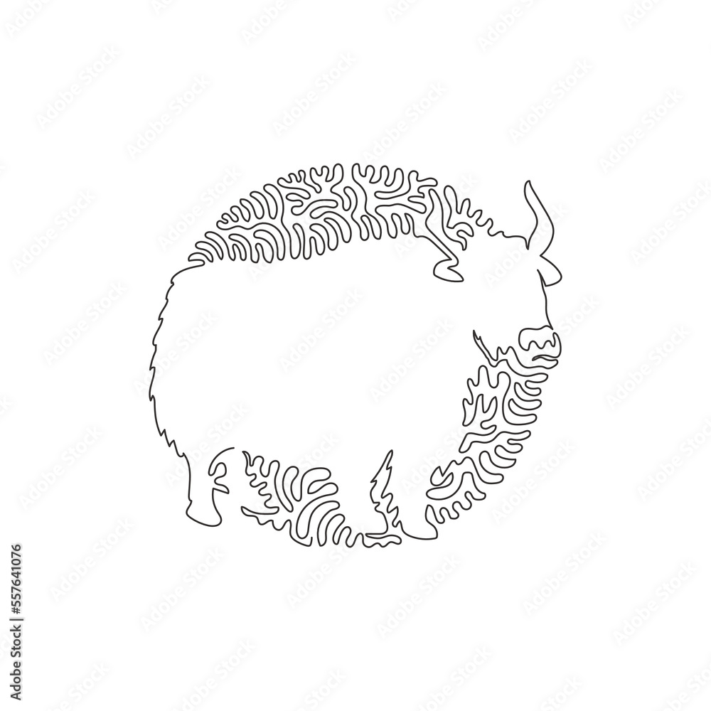 Single swirl continuous line drawing of adorable yak abstract art ...