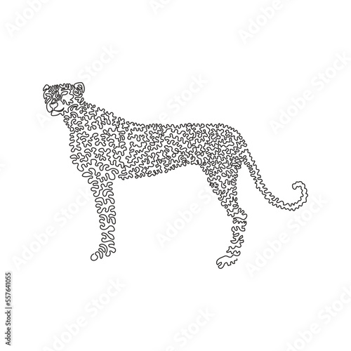 Continuous one curve line drawing of predatory cheetah abstract art in circle. Single line editable stroke vector illustration of  ferocious cheetah for logo  wall decor  poster print decoration