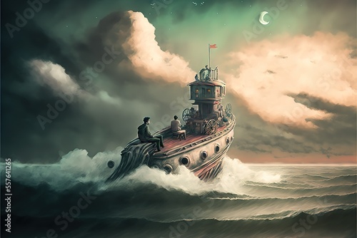 Surreal painting, a man with a boat