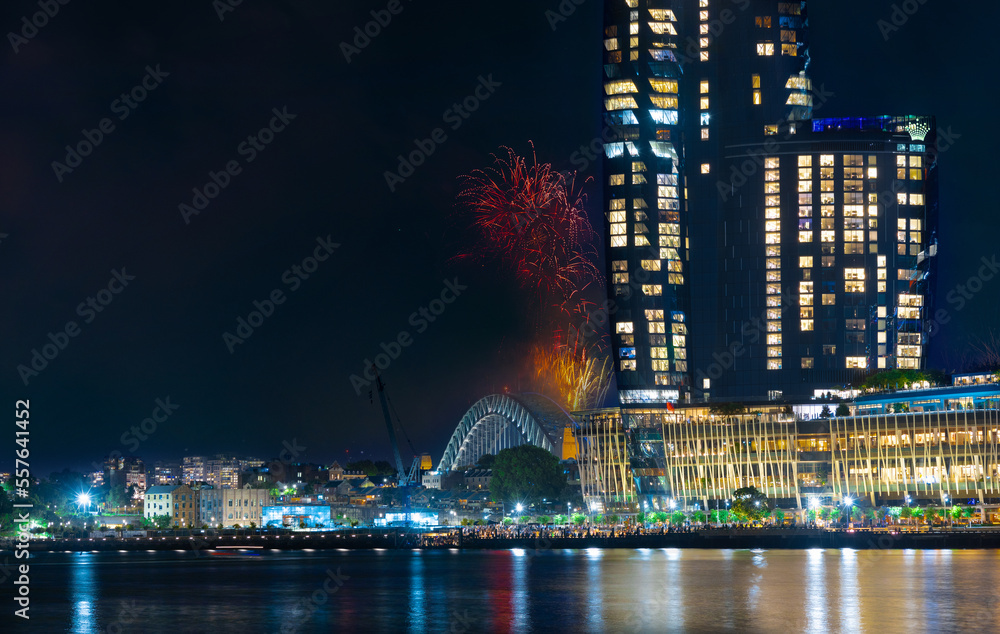 Sydney Harbour Bridge New Years Eve fireworks, colourful NYE fire works lighting the night skies with vivid multi colours NSW Australia. Happy New Year. New Year Eve