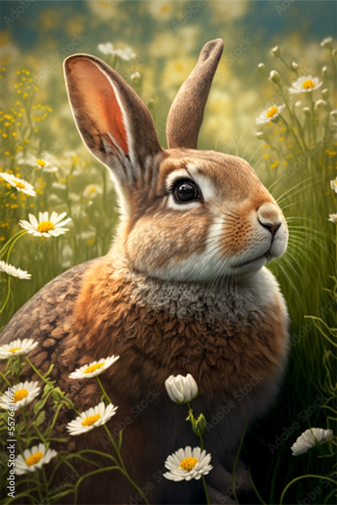 Fototapeta premium bunny in spring field, generated image