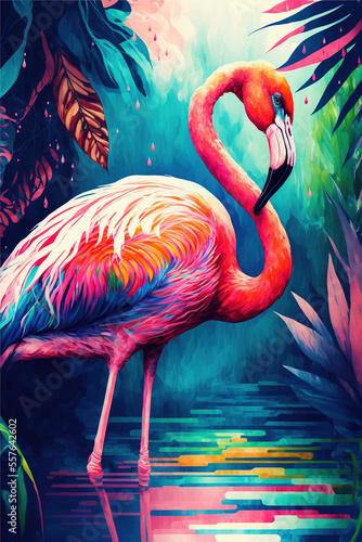 digital watercolor painting of a flamingo in the middle of tropical lakes in bright colors,  AI assisted finalized in Photoshop by me © SHArtistry