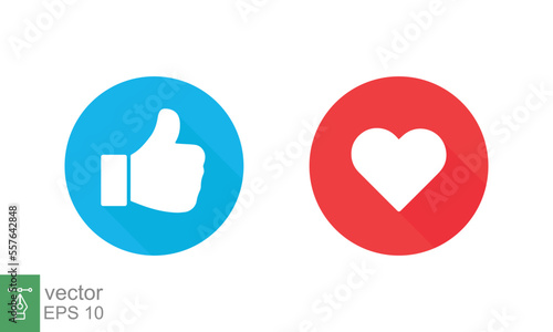 Thumbs up and heart, social media icon. Like, good, love symbol in blue and red circle button. Empathetic emotion reactions. Flat vector Illustration design isolated on white background. EPS 10.