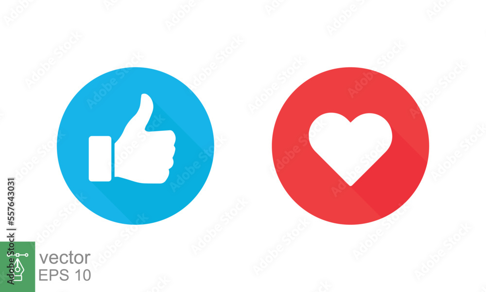 Thumbs up and heart, social media icon. Like, good, love symbol in blue and red circle button. Empathetic emotion reactions. Flat vector Illustration design isolated on white background. EPS 10. Thumbs up and heart, social media icon. Like, good, love symbol in blue and red circle button. Empathetic emotion reactions. Flat vector Illustration design isolated on white background. EPS 10.