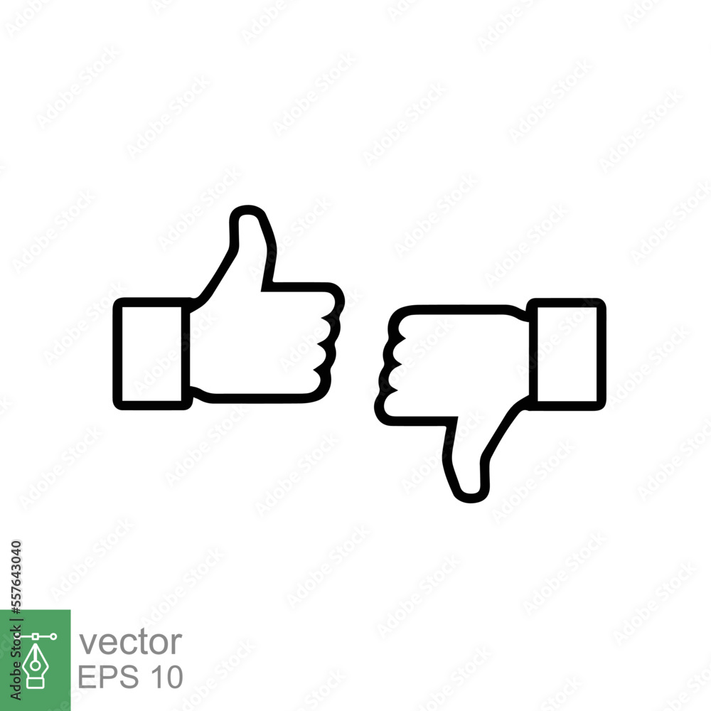 Thumbs up and thumbs down icon. Simple outline style. Hand like and unlike thumb finger sign, good, positive symbol. Thin line vector Illustration design isolated on white background. EPS 10. Thumbs up and thumbs down icon. Simple outline style. Hand like and unlike thumb finger sign, good, positive symbol. Thin line vector Illustration design isolated on white background. EPS 10.