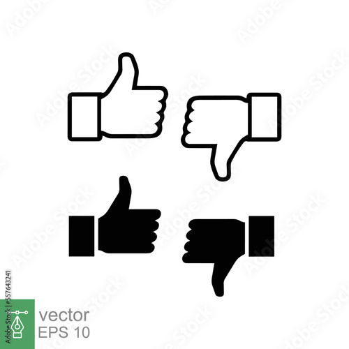 Thumbs up and thumbs down icon. Simple outline and solid style. Hand like and unlike silhouette sign, glyph, linear thin line symbol. Vector Illustration design isolated on white background. EPS 10.