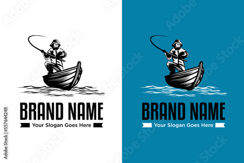 old man fishing by boat illustration logo