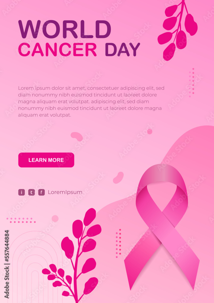 Gradient world cancer day vertical poster template with cancer day ribbon and leaf