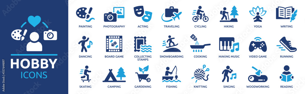 Hobby icon set. Containing painting, photography, acting, traveling, hiking, yoga, dancing, cooking, fishing, making music and more. Solid icon collection. - obrazy, fototapety, plakaty 