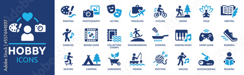 Hobby icon set. Containing painting, photography, acting, traveling, hiking, yoga, dancing, cooking, fishing, making music and more. Solid icon collection.