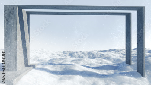 Cement window on snow background,3D Rendering