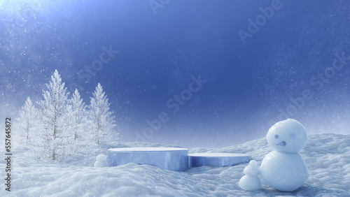 Product stand with snowman in the forest, 3D Rendering