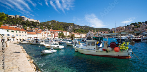 Fototapeta Naklejka Na Ścianę i Meble -  Hvar harbour, Croatia with fishing boats on sunny day