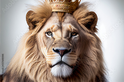A portrait of a lion wearing a crown, isolated on a white background