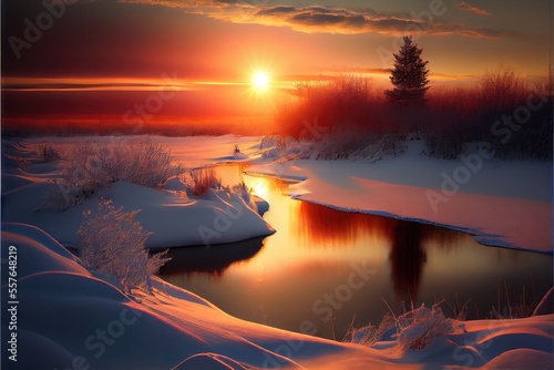 Winter Sunset - snow-covered idyllic winter scene. Natural forest and scenery. Modern and contemporary digital oil painting with 3D shading made to look like photorealism by generative AI