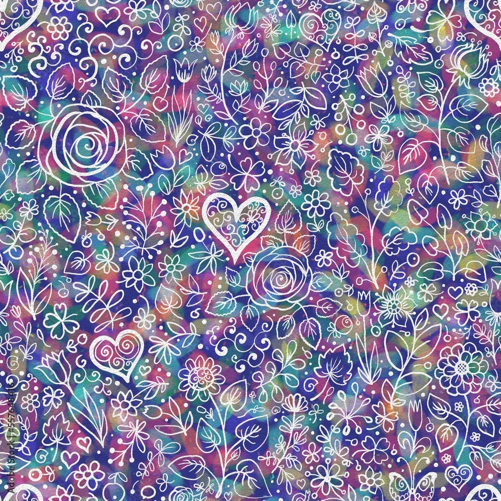 seamless floral pattern background fabric design print wrapping paper digital illustration texture wallpaper watercolor paint with hearts and flowers 