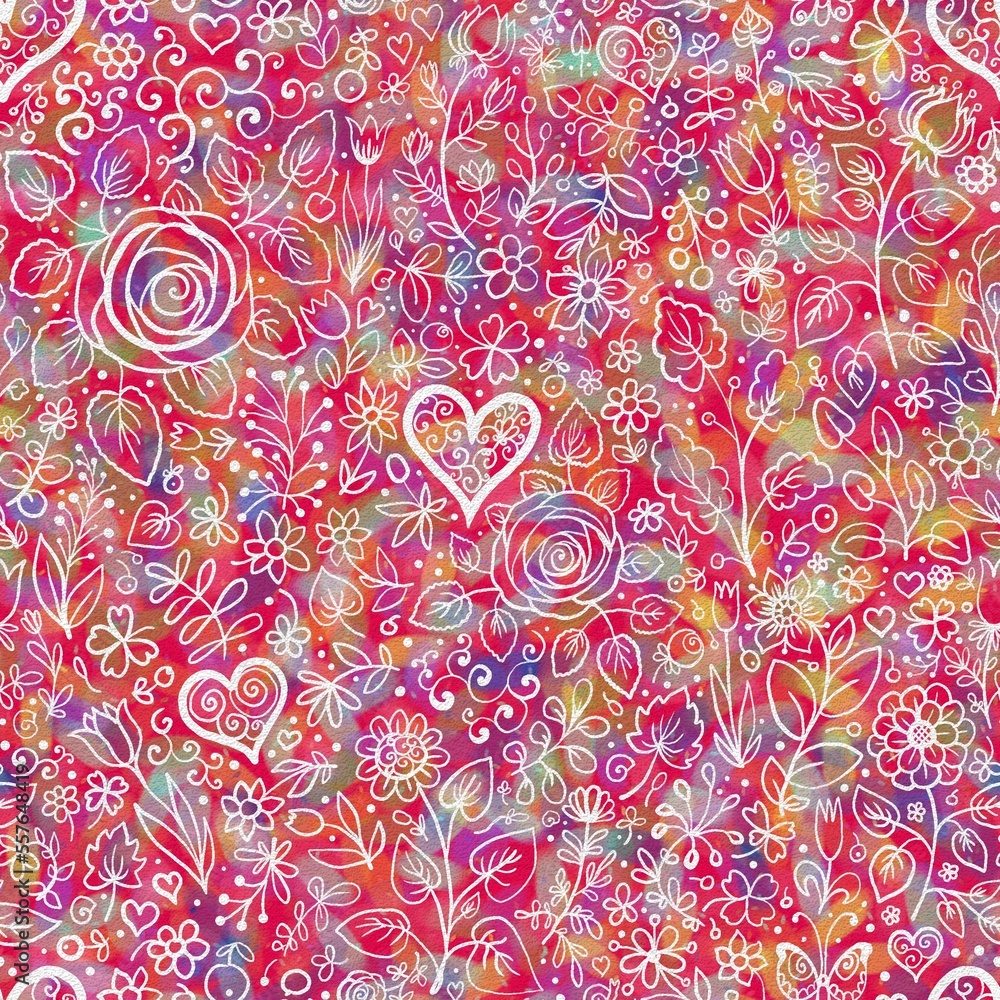 seamless floral pattern background wallpaper colorful fabric design print wrapping paper digital illustration texture watercolor paint with hearts and flowers 