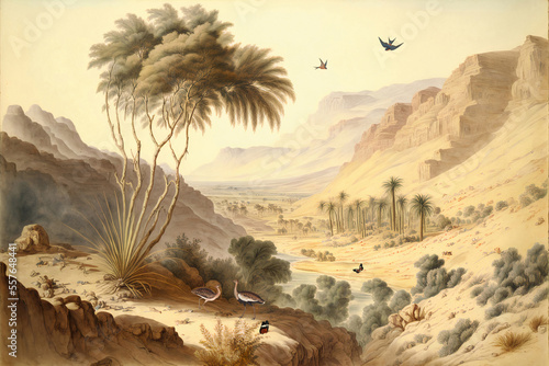 Print op canvas Wallpaper of a desert oasis with valleys, desert birds and butterflies in a land